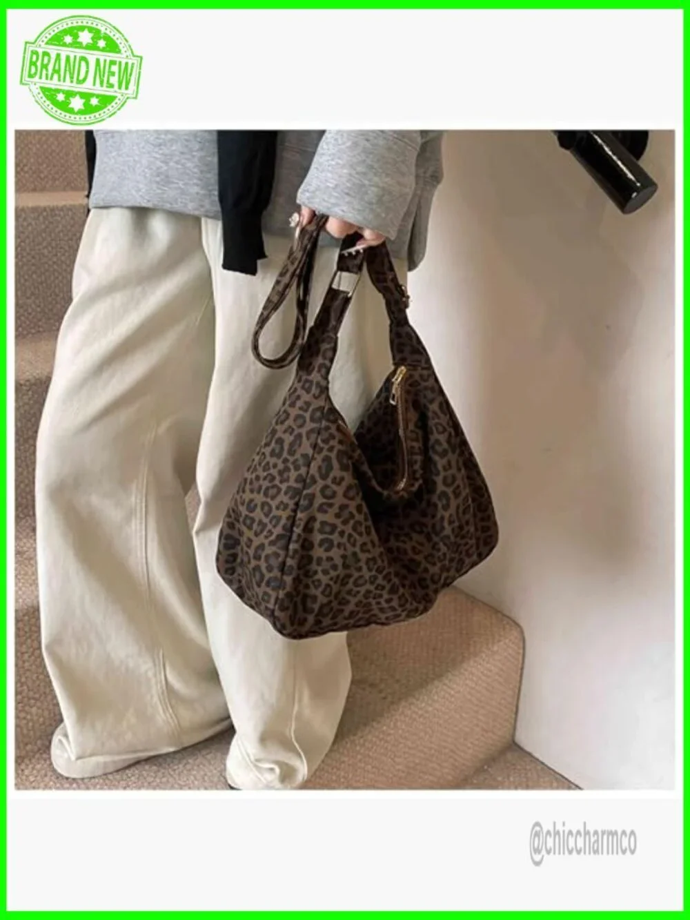 Leopard Print Canvas Hobo Shoulder Bag Adjustable Strap Zipper Closure